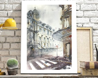 Le Bon Marché en París, pintura original de acuarela