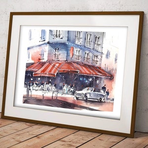 Puede incluir: Pintura acuarela de una escena callejera parisina con un caf&eacute;, un toldo rojo y un coche antiguo. El caf&eacute; tiene mesas y sillas afuera, y la gente est&aacute; sentada y de pie alrededor. El edificio est&aacute; pintado en tonos grises y azules, con un toldo rojo sobre el caf&eacute;. El coche es de color gris claro y est&aacute; estacionado frente al caf&eacute;.