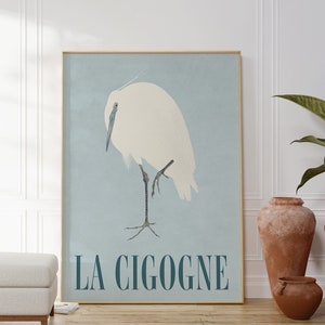 Pale Blue Vintage French Minimal White Stork Bird La Cigogne Illustration Print