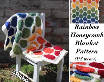 Rainbow Honeycomb Crochet PATTERN (US & UK terms), Afghan pattern, blanket pattern, throw pattern, baby blanket