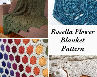 Rosella Blumen häkeln Sechseck Decke PDF Muster (Baby und Decke Größe)