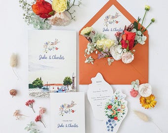 Custom Romantic Watercolor Wedding Invitation Suite – Personalized Floral Stationery with Illustrated Venue & Envelope Liner - DEPOSIT