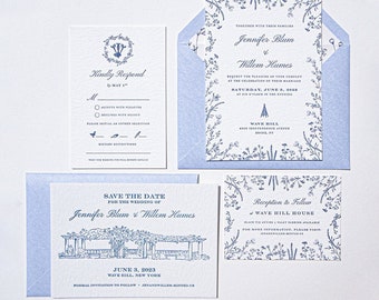 New England Garden Letterpress Wedding Invitation; Navy Letterpress Wedding Invitation with Wildflower and Custom Monogram SAMPLE 91