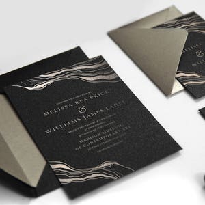 Foil Golden Riddles Invitation,Black and Gold Foil,Evening Wedding,Foil Tidal Waves,Foil Marble Invite,Gemstones Invitation 35 image 1