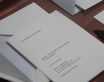 Minimal Embossed Monogram Wedding Invitation, Letterpress Initials, Modern White Wedding, Minimal Invite Set with RSVP SAMPLE 33