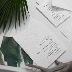 Blind Embossing Palm Leave Wedding Invite, Elegant White Destination Wedding, Tropical Beach Wedding, Minimalism Invite, SAMPLE 32