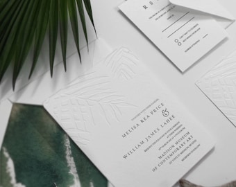 Blind Embossing Palm Leave Wedding Invite, Elegant White Destination Wedding, Tropical Beach Wedding, Minimalism Invite, SAMPLE 32