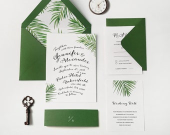 Greenery Palm Leave Tropical Wedding Invites, Calligraphy Invite, Greenery Beach Wedding, Tropical Beach Wedding, Funky Modern Lettering 21