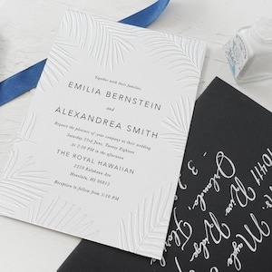 Letterpress Blind Palm Tropical Invitation, Tropical Palm Leave Wedding Invitation, Destination Wedding Invitation SAMPLE 50