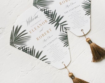 Modern Tropical Wedding Fan Program with Silky Tassel, Custom Fan-shaped Program with Tassel, Elegant Tropical Glam Wedding Stationery