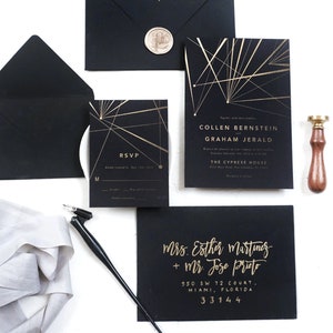 Modern Geometric Industrial Wedding Invitation, Gold Foil Geometry Invite, Black Sophisticated Wedding Invite, Foil Axes Invite SAMPLE 49