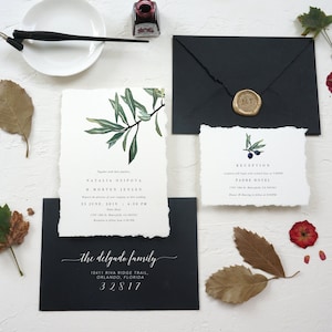 Rustic Deckle Edge Italy Wedding Invite, Torn Paper Edges, Olive Branch Wedding, Italy Tuscany Wedding SAMPLE 53