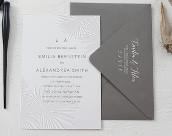 Modern Blind Deboss Desert Palm Wedding Invitation, Black Foil Printing, Tropical Themed Wedding Invitation SAMPLE 55