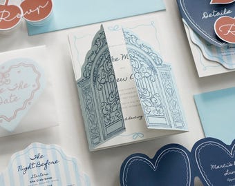 Cherry Blue Romance - Blue Gatefold Wedding Invitation, Cherry Wedding Suite, Coastal Illustrated Invite, Heart Menu