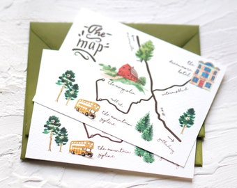 Simple Custom Watercolor Illustration Map, Welcome Bag Itinerary, Corporate Business Maps, Digital File | 5 VENUES + 1-3 PINS OPTION