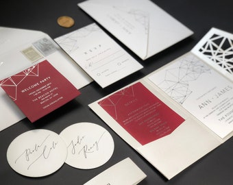 Laser Cut Pocket Fold Foil Wedding Invitation Suite, Laser Die Cut Folder Invitation, Intricate Elegant Luxurious Invitation Suite SAMPLE 68
