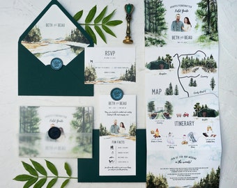 Venue Illustration Dreifach gefaltetes Hochzeitseinladungs-Set, Handgezeichnete dreifach gefaltete Hochzeitseinladung mit Wochenendreiseplan, Forest Camp Invite SAMPLE 75