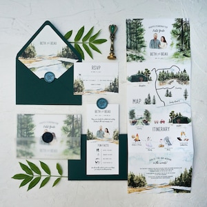 Set di inviti di nozze a tre ante con illustrazione della location, invito di nozze a tre ante disegnato a mano con itinerario del fine settimana, invito Forest Camp CAMPIONE 75