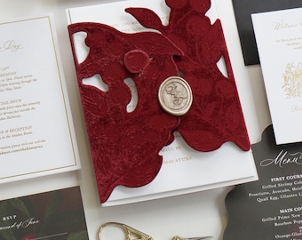 Cherry Still Life Suite, Cherry Velvet Folio Wedding Invitation Suite, Velvet Gatefold, Custom Venue Illustration, Dark Romantic Stationery