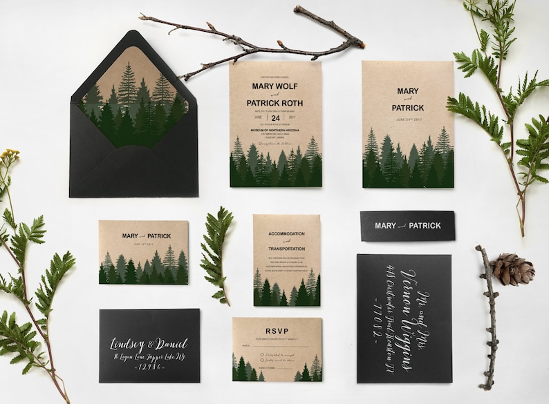 Forest Woodland Pine Wedding Invitation, Rustic Woodland Winter Wedding, Pine Forest Eco-Friendly Invite SAMPLE 09 image 1