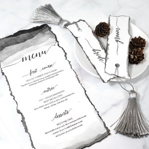 Deckle Edge Paper aquarel menu- en plaatskaarten, aangepaste handgescheurde aquarel evenementen briefpapier, handgemaakte tafeldekken kaarten AANBETALING