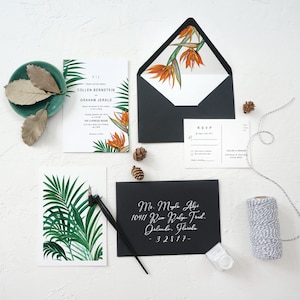 Modern Tropical Destination Wedding Invitation, Bird in Paradise Flower Tropical Invite, Vibrant Lush Greenery Wedding SAMPLE 64