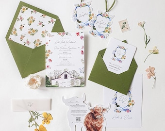 Custom Rustic Floral Wedding Invitation Set – Barn Wedding Invite with Green Envelopes, Watercolor Flowers, Boho Country Stationery DEPOSIT