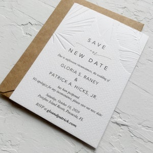 Minimal Blind Embossed Palm Save the Date Card with Envelope, Modern Beach Destination Wedding, Minimal Tropical Save the Date Cards