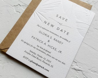 Minimal Blind Embossed Palm Save the Date Card with Envelope, Modern Beach Destination Wedding, Minimal Tropical Save the Date Cards