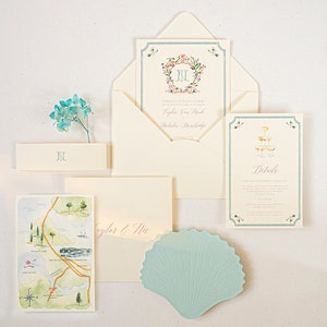 Meer Vintage Hochzeitseinladung Set; Kundenspezifische Aquarell Illustration Hochzeitseinladungen mit Karte und Wappen SAMPLE 97