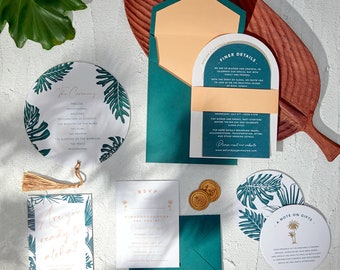 Custom Uplifting Tropical Wedding Invitation with Gold Foil Details and Custom shape Inserts; Fun & Joyful Caribbean Destination Wedding 88