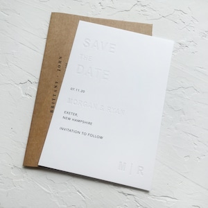 Minimal Embossed Monogram Save the Date Card with Envelope, Blind Embossed Initials, Minimal Modern Elegant Wedding Invitation
