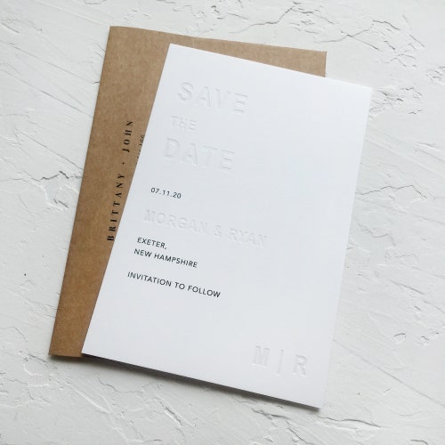 Minimal Embossed Monogram Save the Date Card With Envelope Etsy