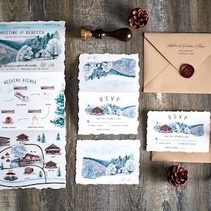 Custom Wintery Watercolor Tri-fold Wedding Invite with Itinerary and Map, Watercolor hand-drawn wedding map, Winter Wedding Invite DEPOSIT