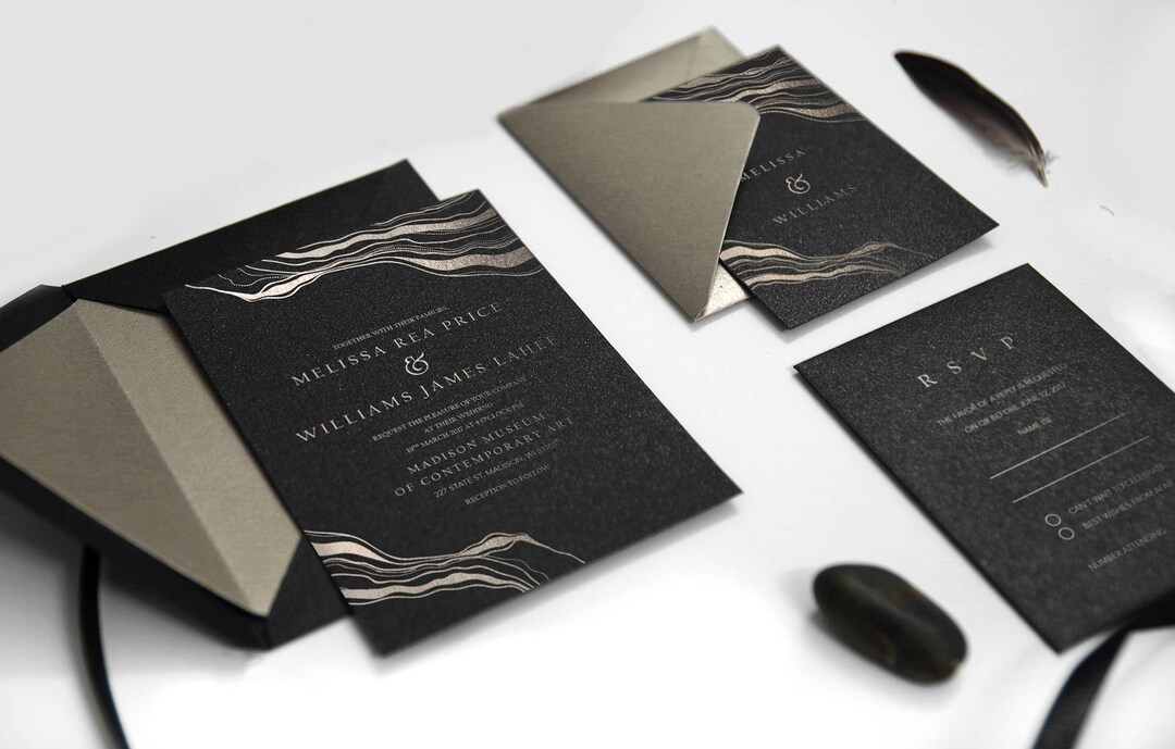 Foil Golden Riddles Invitation,black and Gold Foil,evening Wedding,foil ...