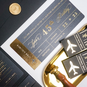 Custom Boarding Pass Birthday Invitation, Travel theme luxurious Party Invite; Black and Gold Corporate Event Invitation, Ticket Invite 81