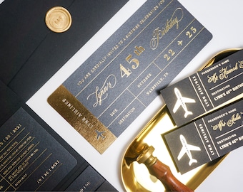 Custom Boarding Pass Birthday Invitation, Travel theme luxurious Party Invite; Black and Gold Corporate Event Invitation, Ticket Invite 81