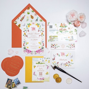 Vibrant Portuguese Inspired Wedding Invitation, Custom Hand-drawn Wedding Invitation with Custom Monogram and Map SAMPLE 110