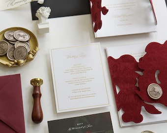Cherry Still Life Suite, Cherry Velvet Folio Wedding Invitation Suite, Velvet Gatefold, Custom Venue Illustration, Dark Romantic Stationery
