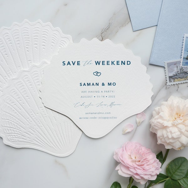 Luxurious Seashell Coastal Wedding Invitation, Blind pressed Seaside Wedding Invites, Navy Hot Foiled Invitation, Seashell Save the Dates 80