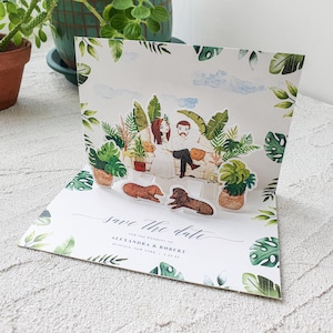 Carte "Retenez cette date" pop-up personnalisée pour couple avec portrait d'animal de compagnie, illustration aquarelle peinte à la main