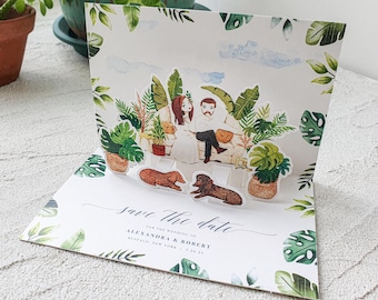Custom Couple with Pet Portrait Pop-Up Save The Date card, Hand-painted Watercolor Illustration DEPOSIT