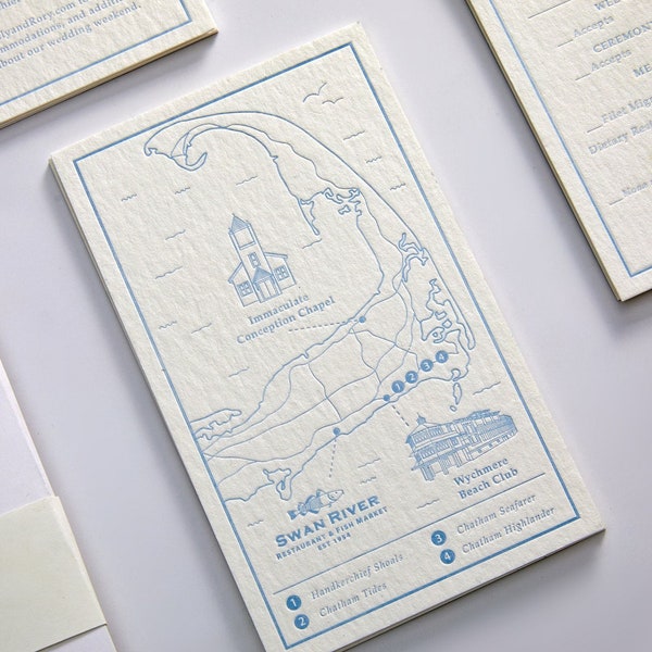 Custom Dusty Blue Letterpress Wedding Invitation with Pocket Folder, Map and Monogram; Classy Coastal Invitation; Letterpress Wedding Map 90