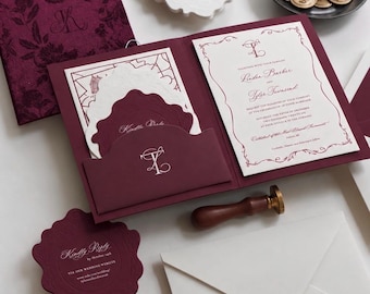Classic Burgundy Velvet Folio Invitation Suite Set, Ornate Scalloped Embossed Insert Card, Burgundy Old World Regal Wedding Invite