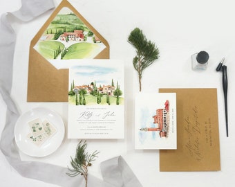 Custom Illustration Destination Wedding Invite, Illustrated Watercolor Hand Drawn Venue Invitation, Venue Sketch Save the Date SAMPLE 65