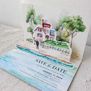 Custom Venue Pop-Up Save the Date with Couple Portrait, Folded Wedding Invitation with Customized Hand-painted Illustration SAMPLE