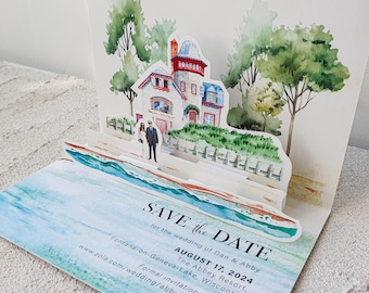 Custom Venue Pop-Up Save the Date with Couple Portrait, Folded Wedding Invitation with Customized Hand-painted Illustration SAMPLE