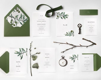 Greenery Olive Branches Vintage, Botanical Olive Leaves Invitation, Wedding Invitation, Wedding Invite SAMPLE 07