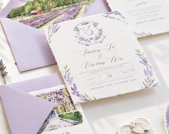 Lilac Romance - Bespoke Lavender Watercolor Wedding Invitation Suite, Botanical Crest, Deckled Edge Style, Illustrated Envelope Liner