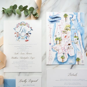 Custom Watercolor Illustration Wedding Invitation, Hand-drawn Venue Map Wedding Logo Dusty Blue Destination Wedding Invite SAMPLE 77 image 3